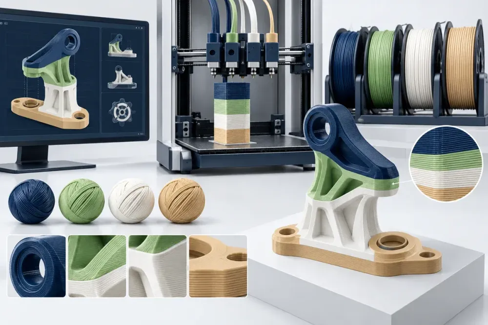 Ilustrasi AI workflow 3D print multicolor dengan model terpisah warna, purge tower, filament, dan hasil empat warna.