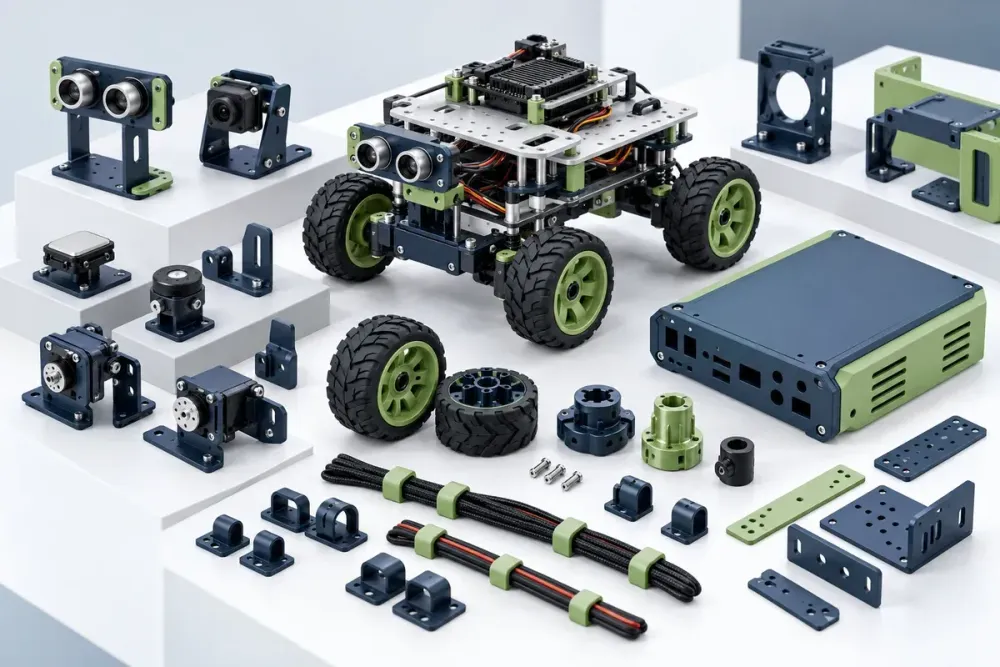 Ilustrasi AI komponen robotika dan IoT 3D print berupa sensor bracket, servo mount, hub, cable clip, dan casing.