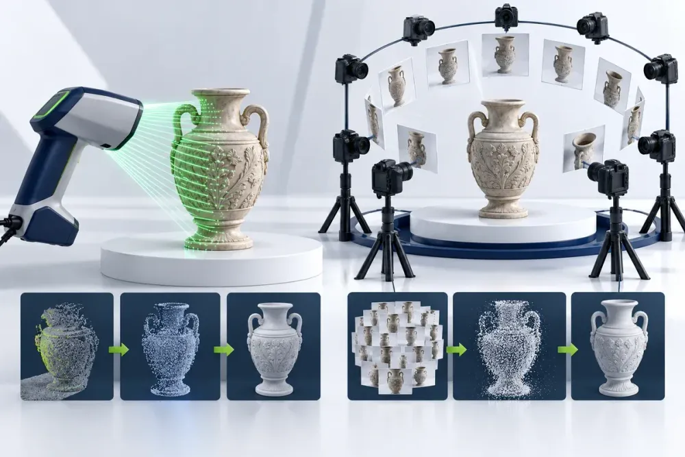 Ilustrasi AI perbandingan handheld 3D scanner dan photogrammetry kamera yang menghasilkan point cloud serta mesh.