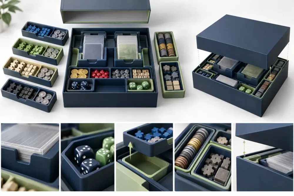 Ilustrasi AI insert board game custom dengan tray token, kartu bersleeve, dadu, dan pengujian tinggi tutup.