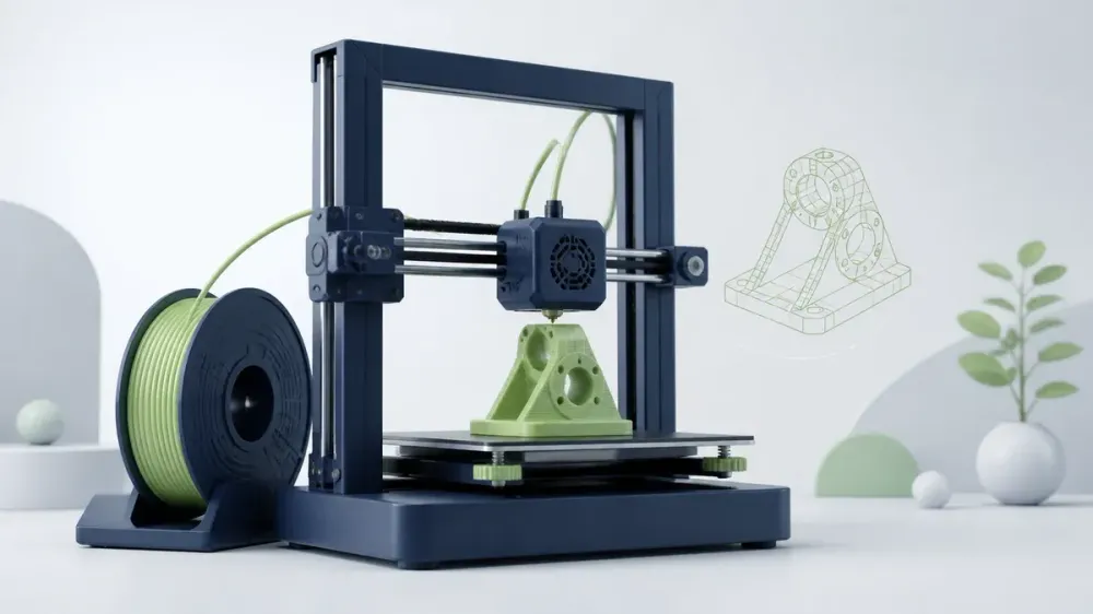 Ilustrasi AI printer 3D berwarna navy dengan komponen hijau sage dan model digital sebagai gambaran proses cetak berlapis.