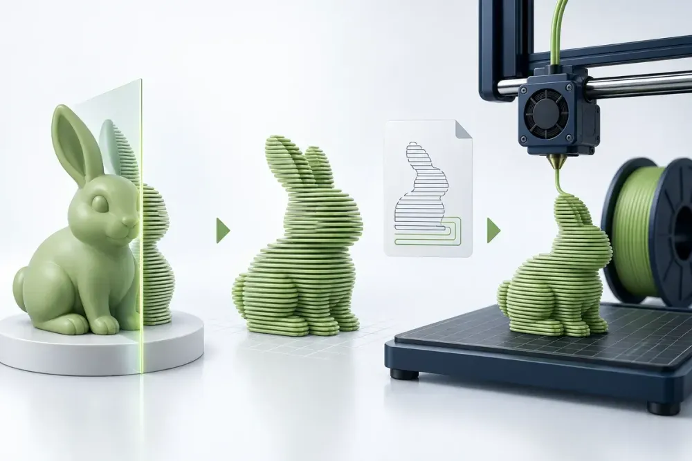 Ilustrasi AI model kelinci yang diubah menjadi lapisan dan lintasan nozzle printer 3D; bukan tampilan slicer atau mesin pelanggan.