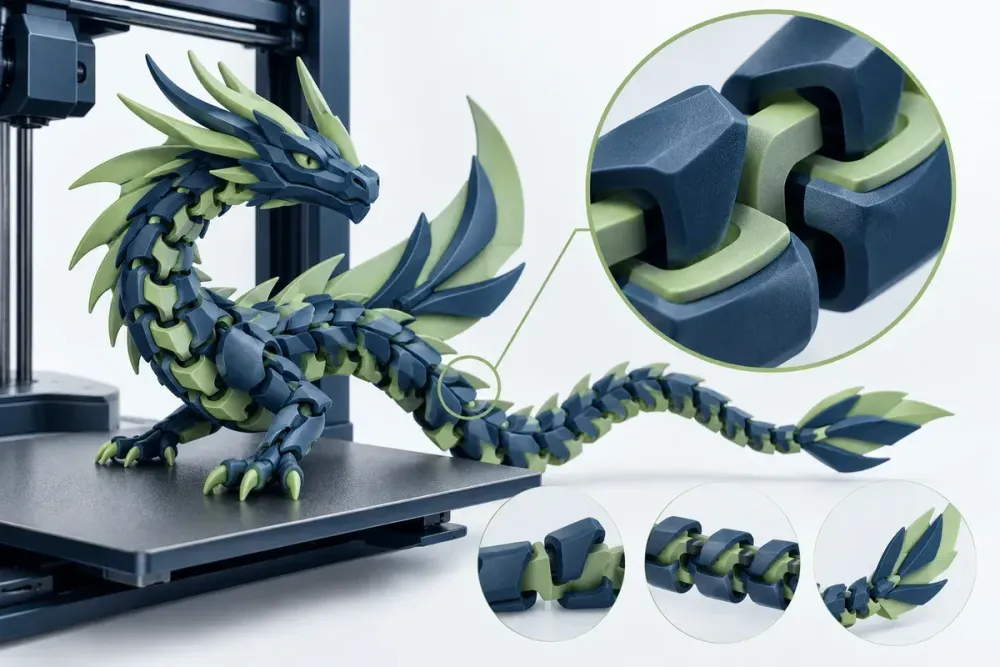 Ilustrasi AI naga articulated print-in-place dengan detail joint captive dan clearance tanpa perakitan.