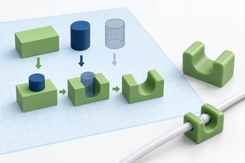 Ilustrasi AI bentuk kotak, silinder, dan hole yang digabung menjadi cable clip sederhana; bukan tangkapan layar Tinkercad.