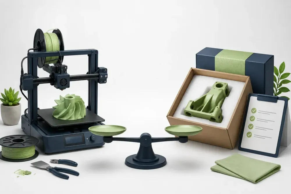 Ilustrasi AI perbandingan printer 3D dan layanan cetak dengan palet navy serta hijau sage; bukan foto proyek customer.
