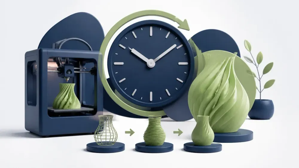 Ilustrasi AI jam navy, printer, dan tiga tahap model hijau sage untuk menjelaskan waktu cetak serta proses produksi.