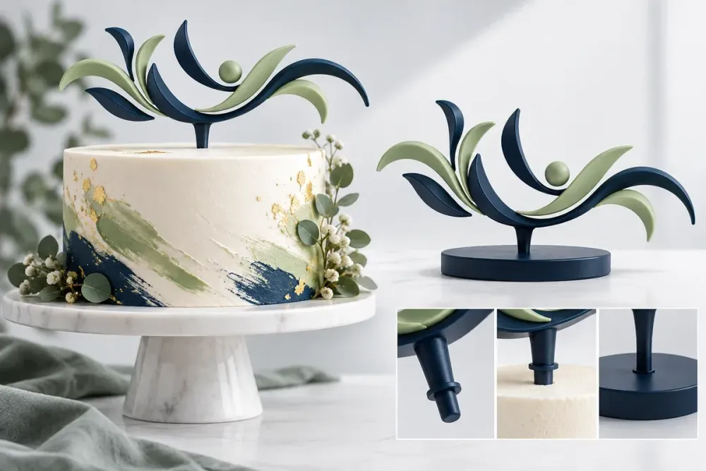 Ilustrasi AI cake topper 3D custom dengan bentuk nama abstrak, stem stabil, barrier terpisah, dan stand display.