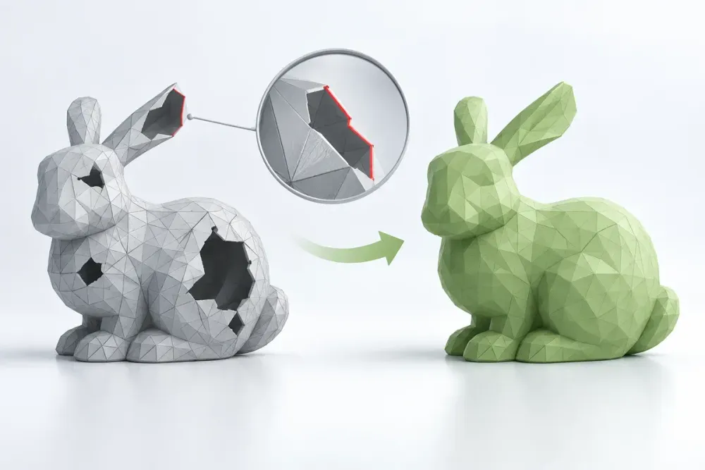 Ilustrasi AI mesh kelinci berlubang yang diperiksa lalu berubah menjadi model tertutup; bukan file pelanggan atau tampilan software tertentu.