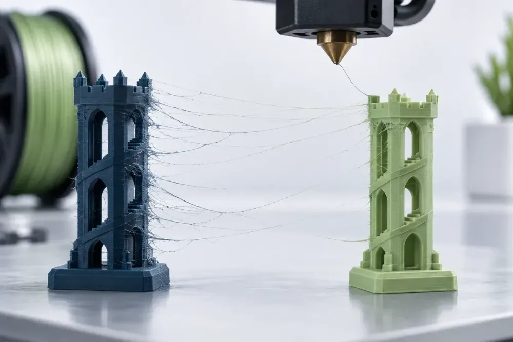 Ilustrasi AI dua menara hasil 3D print dengan benang filament tipis di antaranya; bukan foto proyek pelanggan atau profil mesin tertentu.