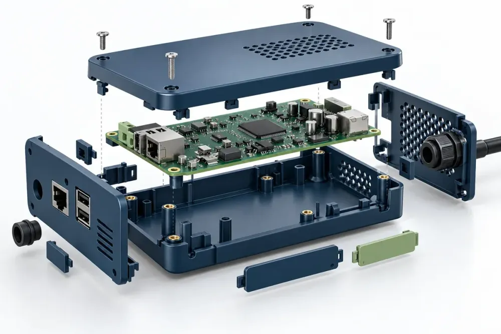 Ilustrasi AI exploded casing elektronik custom dengan PCB, standoff, port, ventilasi, kabel, snap-fit, dan sekrup.