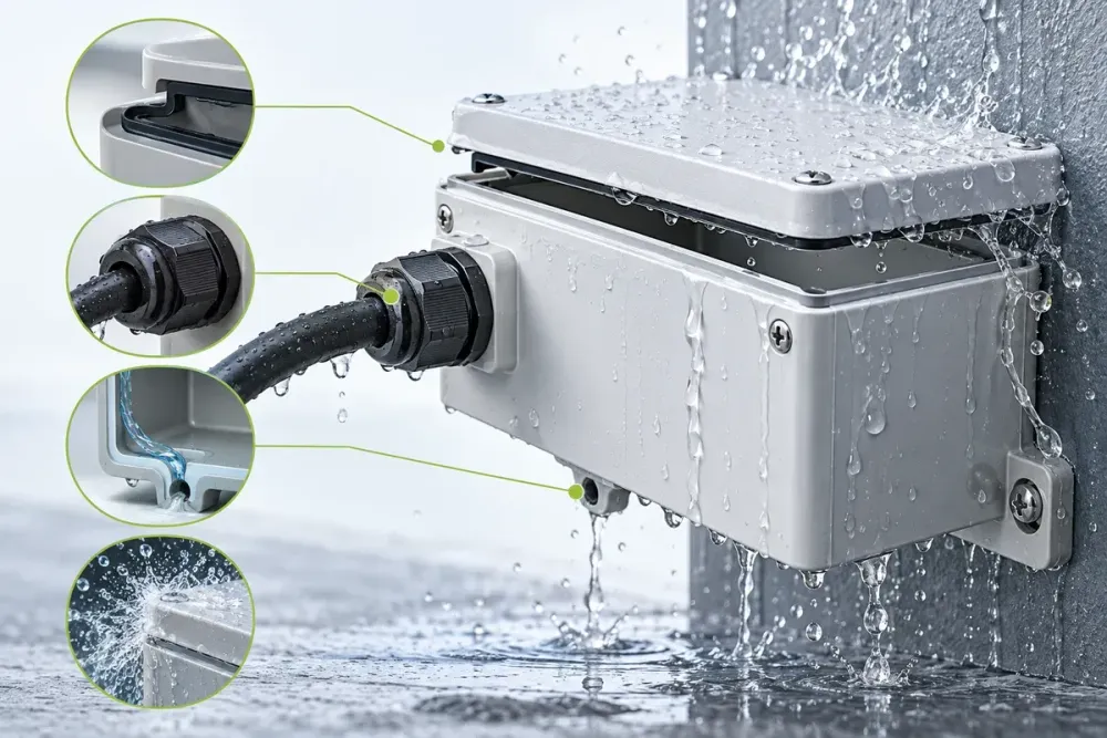 Ilustrasi AI casing outdoor 3D print dengan gasket, cable gland, overlapping lid, drain path, dan splash test tanpa klaim IP.
