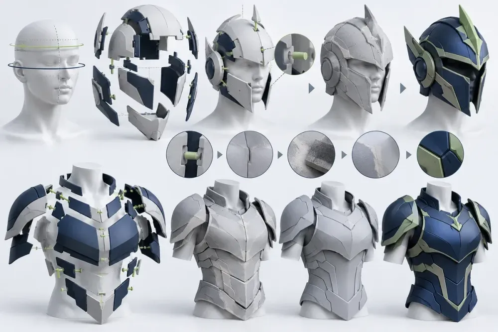 Ilustrasi AI proses helmet dan armor cosplay 3D print dari pengukuran, bagian berkunci, sanding, primer, hingga cat.