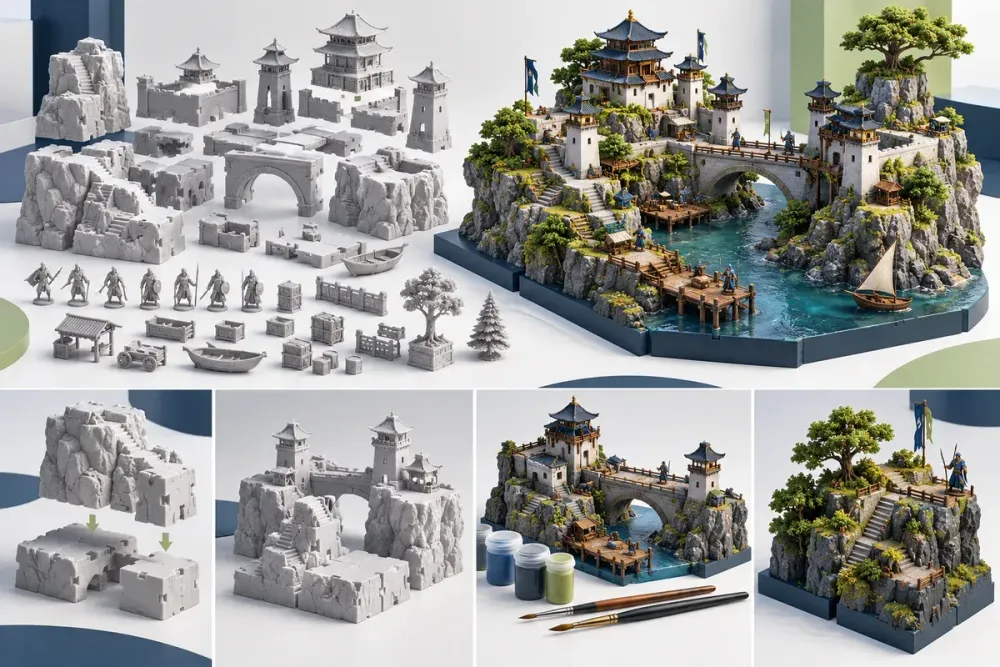 Ilustrasi AI diorama custom modular dengan terrain, bangunan, kendaraan, figure, assembly, dan painting.