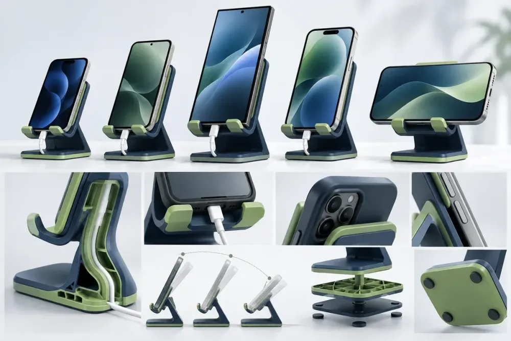 Ilustrasi AI dudukan HP custom untuk beragam ukuran, sudut, casing, dan jalur kabel charger.