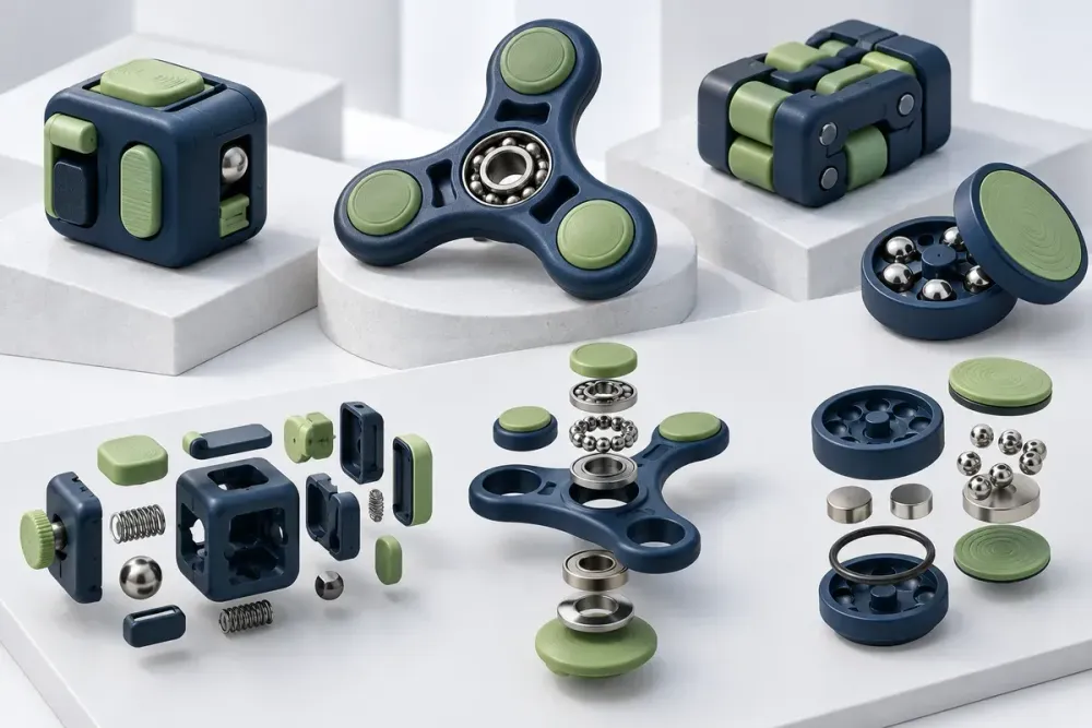 Ilustrasi AI fidget toy 3D print berupa clicker, spinner, bearing, magnet, dan mekanisme captive dalam exploded view.