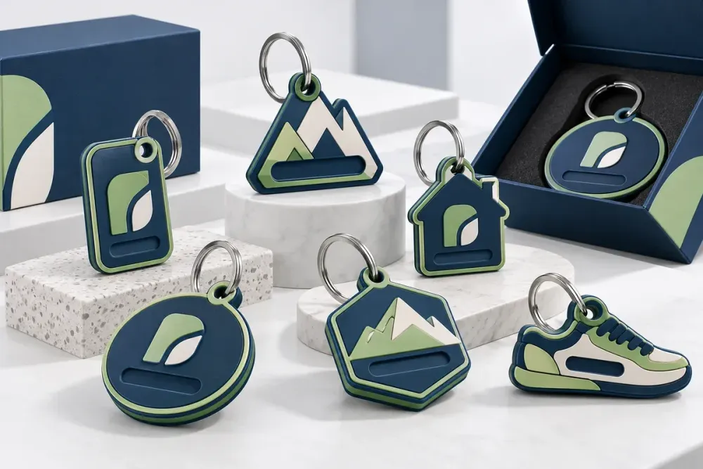 Ilustrasi AI gantungan kunci 3D custom dengan logo timbul, nama cekung, beberapa warna, ring, dan kemasan.