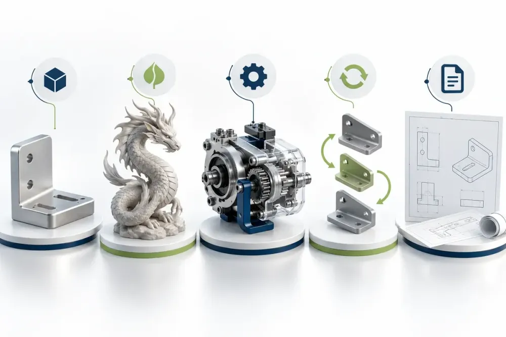 Ilustrasi AI faktor harga jasa desain 3D dari bracket sederhana hingga sculpt organik dan assembly kompleks.