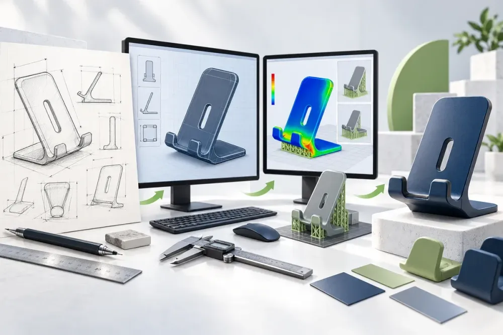 Ilustrasi AI alur jasa desain 3D custom dari sketsa dan ukuran menuju CAD, validasi, dan prototipe.