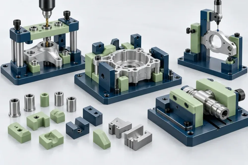 Ilustrasi AI jig dan fixture 3D print berupa drill guide, assembly nest, inspection gauge, dan soft jaw.