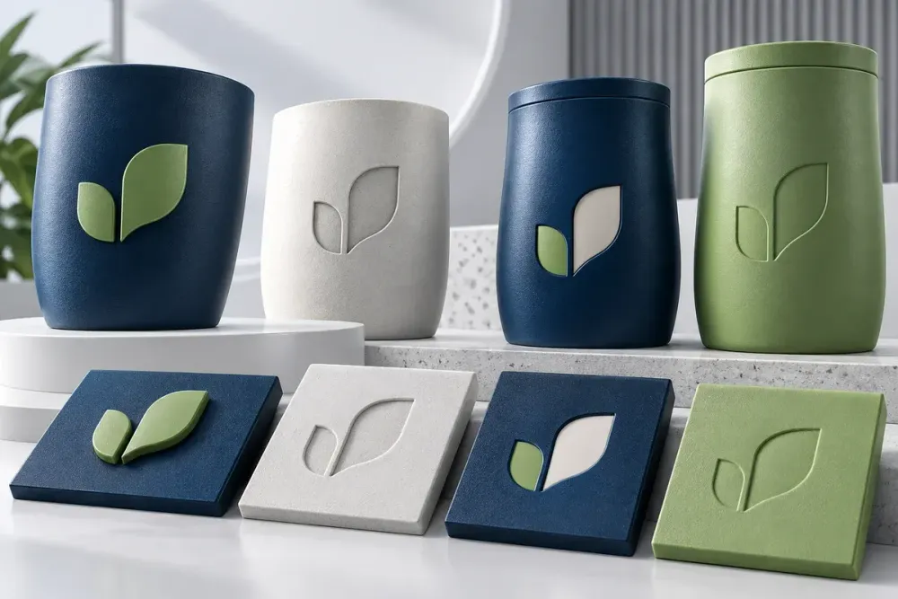 Ilustrasi AI kupon logo dan tulisan 3D print berupa raised, recessed, inlay, dan emboss pada permukaan datar serta melengkung.
