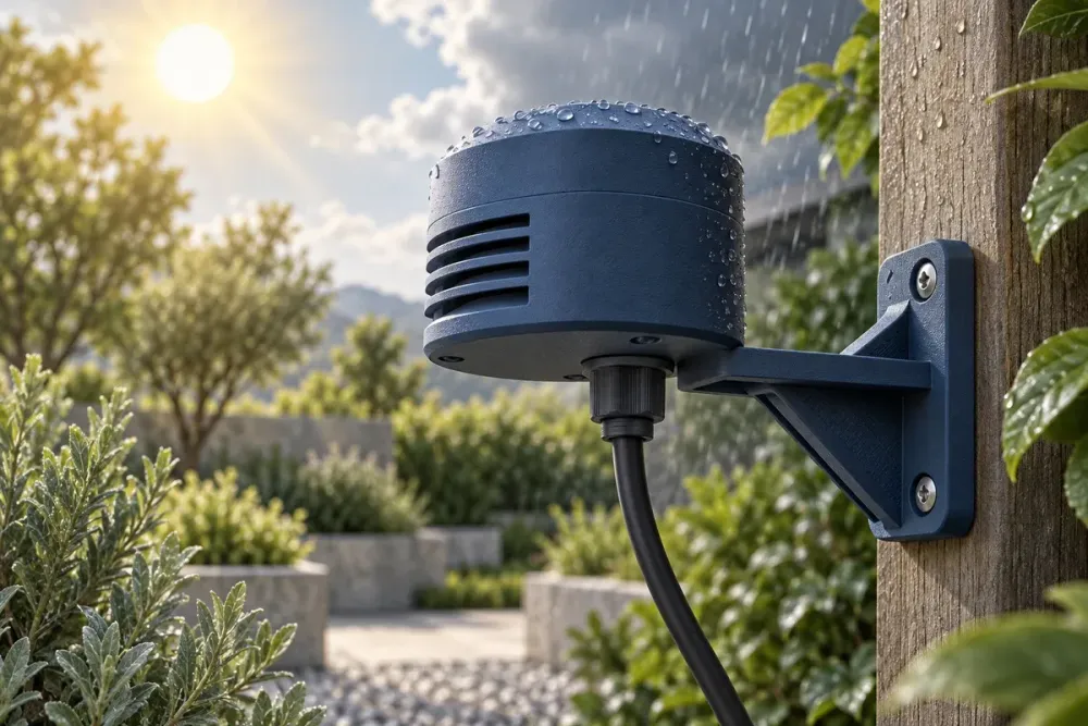 Ilustrasi AI housing sensor dan bracket 3D print di bawah matahari serta hujan; bukan bukti weatherproof atau proyek customer.