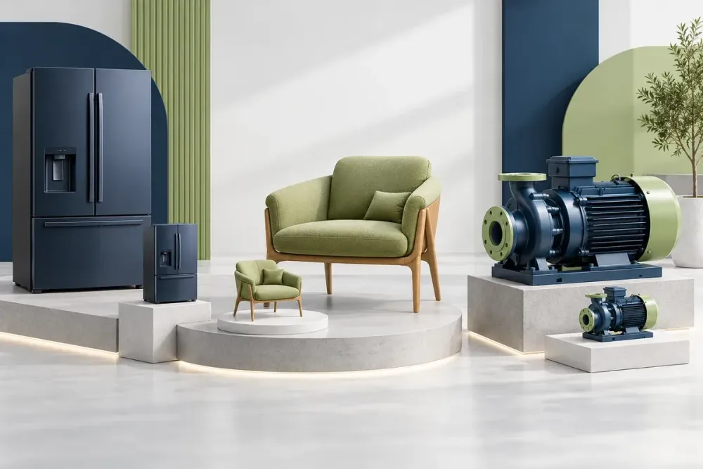 Ilustrasi AI miniatur produk 3D print untuk display berupa appliance, furnitur, dan mesin dalam skala kecil.
