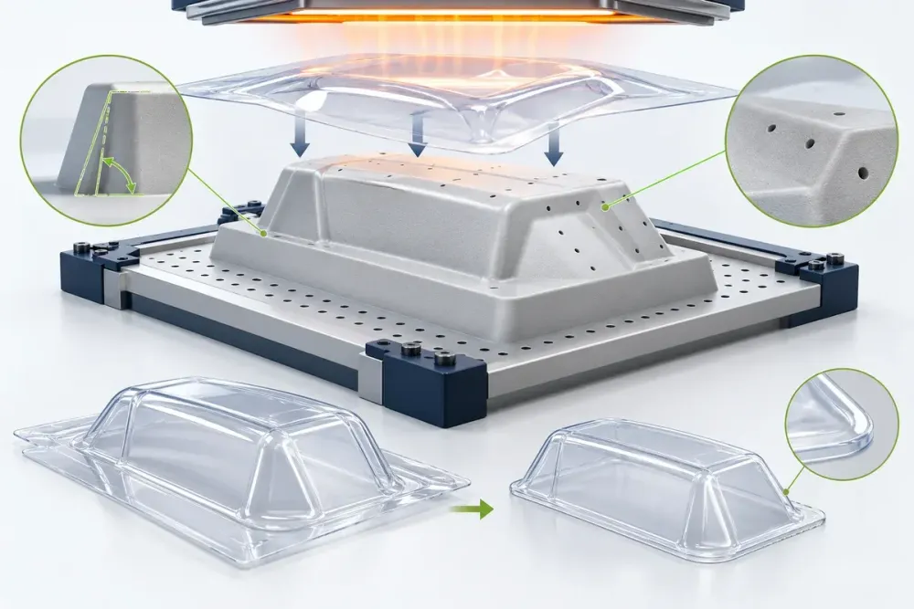 Ilustrasi AI mold vacuum forming 3D print dengan draft, vent, sheet transparan, pembentukan, dan hasil trimming.