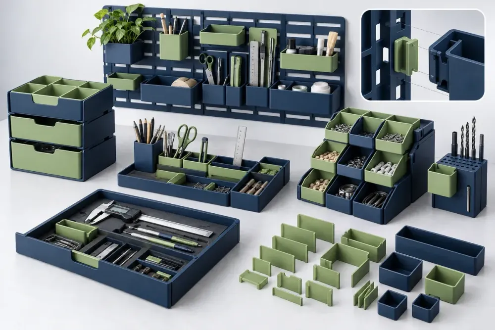 Ilustrasi AI organizer modular 3D print dengan bin, divider, panel dinding, dan ruang perkakas berwarna navy sage.