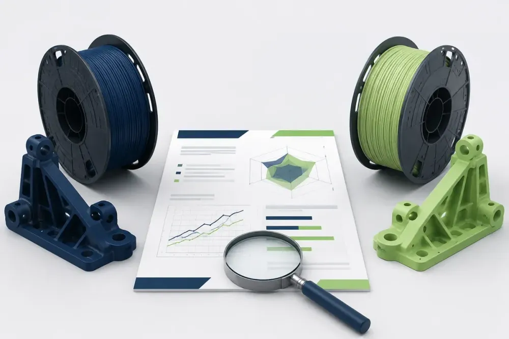 Ilustrasi AI spool dan sampel PLA serta PLA+ di samping datasheet abstrak; grafik bukan data pengujian nyata.