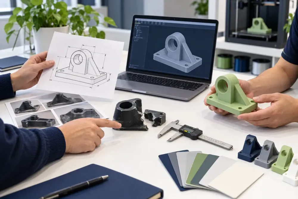 Ilustrasi AI proses pesan 3D print tanpa file melalui sketsa, foto, part contoh, pengukuran, CAD, dan hasil cetak.