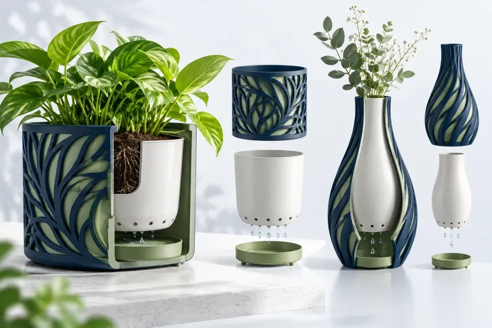 Ilustrasi AI pot dan vas 3D print dengan cangkang dekoratif, inner liner, lubang drainase, dan tray.