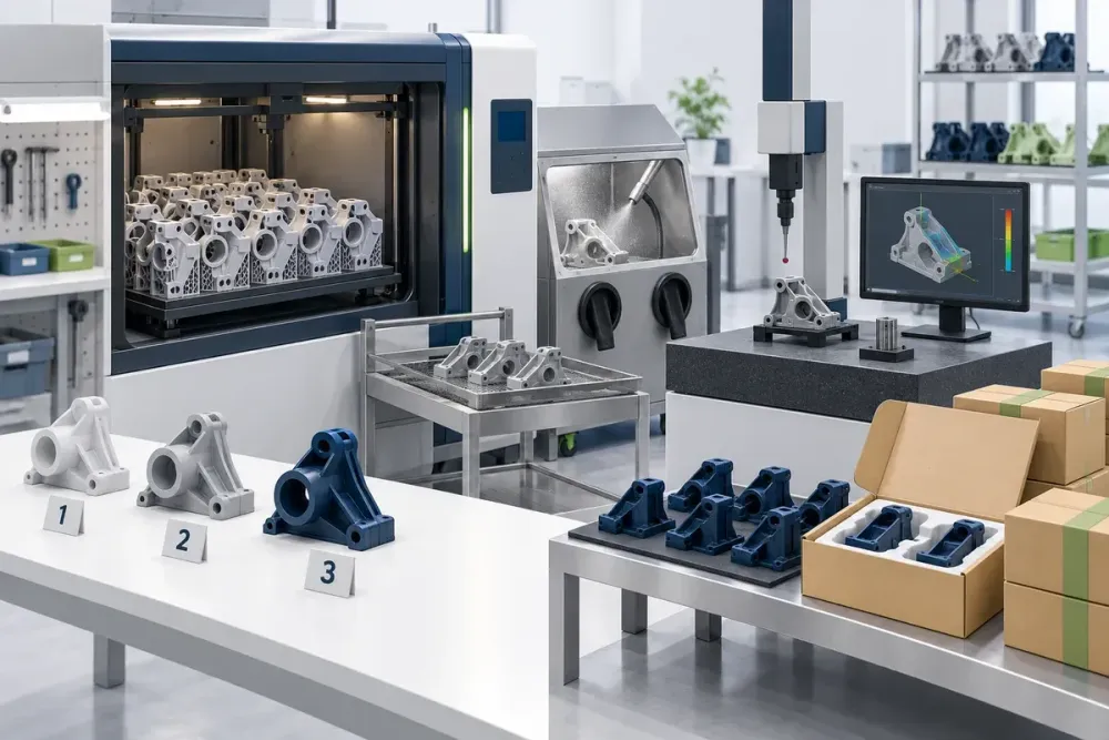Ilustrasi AI produksi batch kecil 3D printing dengan nesting, post-processing, inspection gauge, QC, dan kemasan.