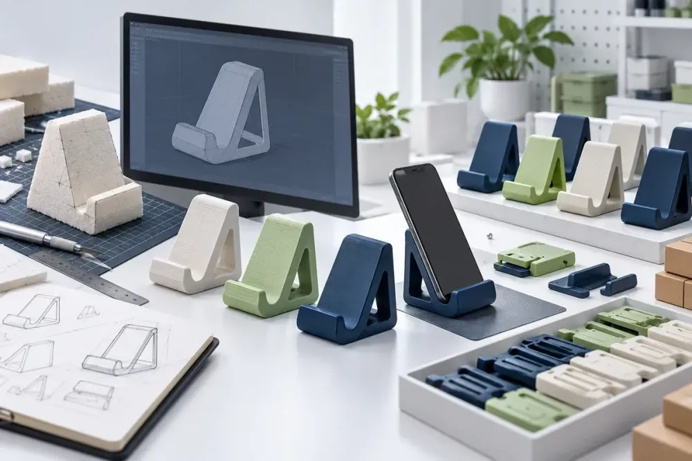 Ilustrasi AI tahapan prototipe produk UMKM dari mockup, CAD, beberapa revisi 3D print, uji fit, hingga batch kecil.