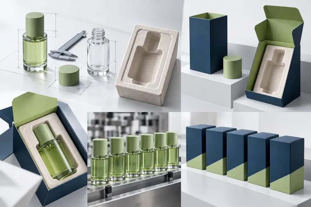 Ilustrasi AI prototype packaging dengan produk, tray custom, insert, closure, fit test, dan batch pilot.