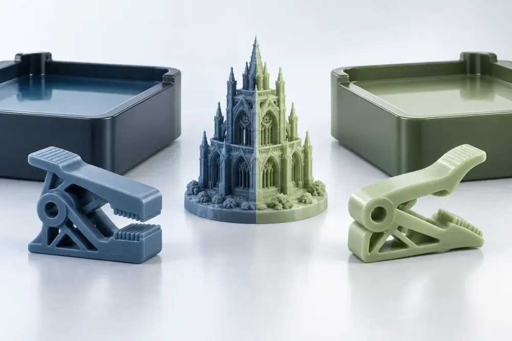 Ilustrasi AI model detail dan dua klip cetak resin dengan karakter berbeda; bukan foto uji material atau proyek customer.