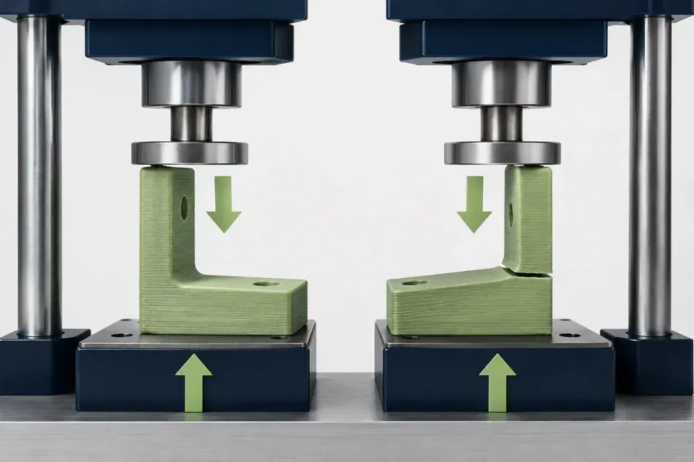 Ilustrasi AI dua bracket 3D print diuji tekan pada orientasi lapisan berbeda; visual edukasi, bukan hasil pengujian laboratorium.