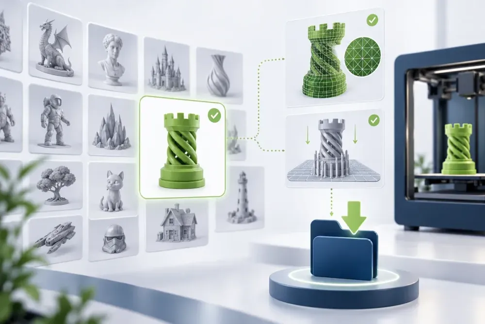 Ilustrasi AI perpustakaan model 3D dengan pemeriksaan mesh, orientasi, support, dan folder download; bukan antarmuka platform tertentu.