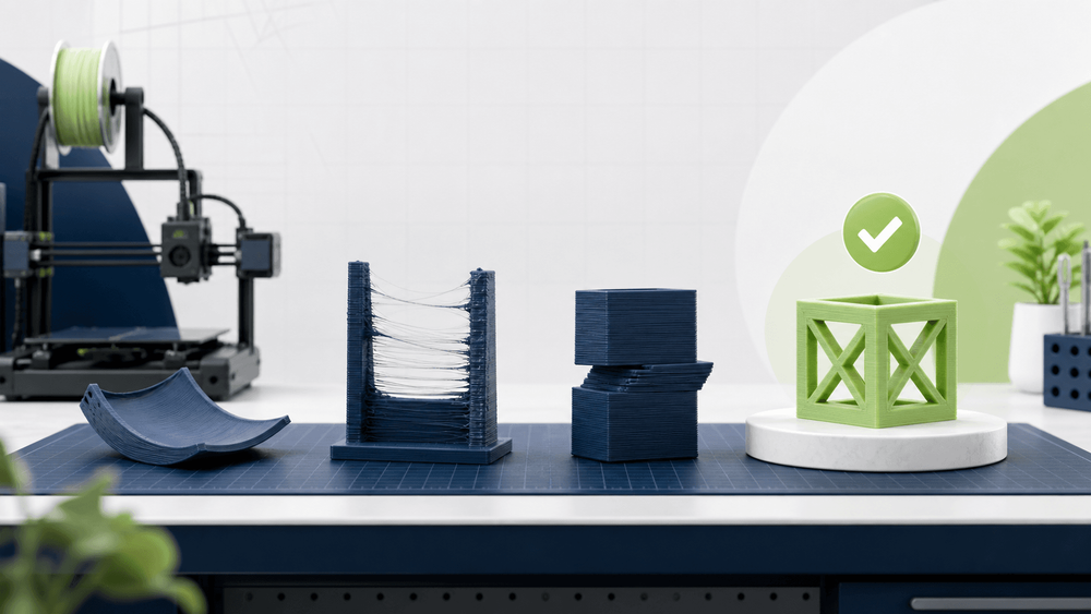 Contoh hasil 3D printing gagal karena warping stringing dan layer shift dibanding hasil berhasil