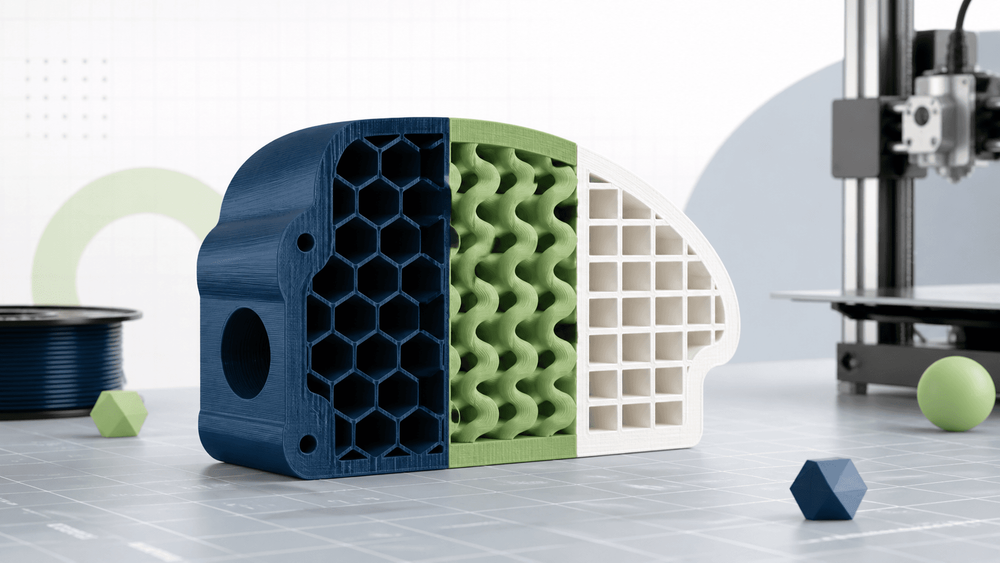 Potongan objek 3D printing yang memperlihatkan pola infill honeycomb gyroid dan grid