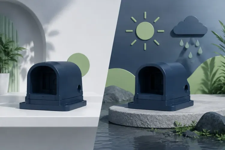 Ilustrasi AI dua housing sensor untuk penggunaan indoor dan outdoor dengan simbol matahari serta hujan; bukan hasil uji cuaca.