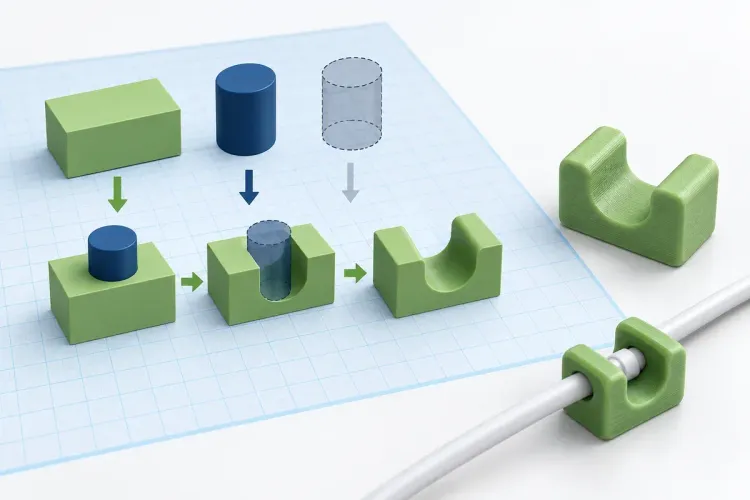 Ilustrasi AI bentuk kotak, silinder, dan hole yang digabung menjadi cable clip sederhana; bukan tangkapan layar Tinkercad.