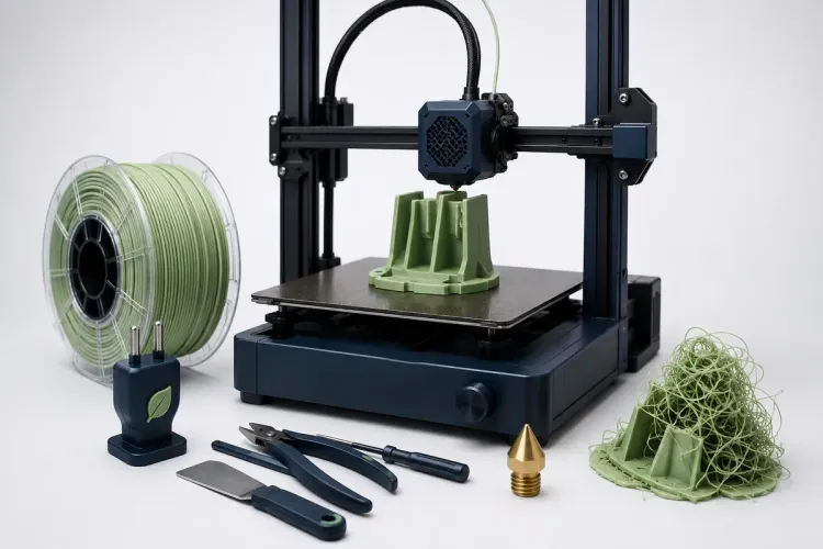 Ilustrasi AI printer 3D bersama filamen, steker listrik, alat perawatan, nozzle, dan hasil gagal; bukan foto operasional.