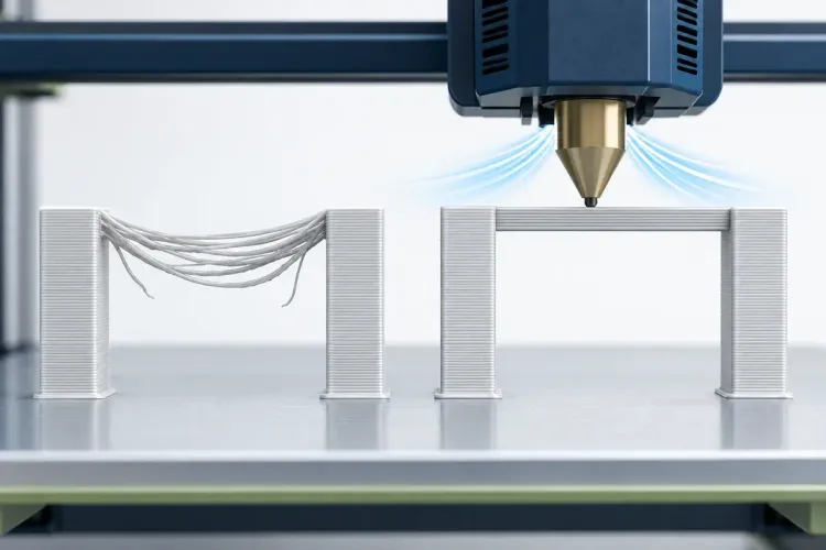 Ilustrasi AI bridge filament melendut dibandingkan bridge lurus dengan cooling; bukan pengaturan mesin tertentu.