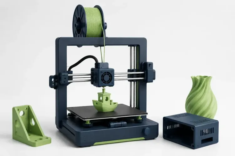 Ilustrasi AI printer 3D pemula dengan contoh bracket, casing, dan model dekoratif dalam warna navy serta hijau sage.