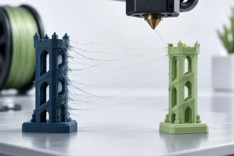 Ilustrasi AI dua menara hasil 3D print dengan benang filament tipis di antaranya; bukan foto proyek pelanggan atau profil mesin tertentu.