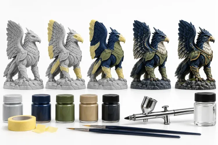 Ilustrasi AI figur melalui tahap primer, masking, pewarnaan, detail, dan clear coat; bukan produk atau merek cat tertentu.