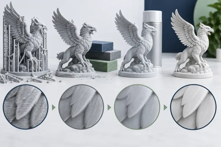 Ilustrasi AI figur detail melalui tahap support removal, sanding, primer, dan permukaan halus; bukan proses proyek pelanggan.
