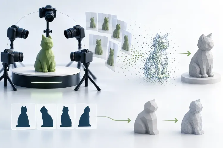 Ilustrasi AI objek yang difoto dari banyak sudut lalu menjadi point cloud dan mesh 3D; bukan proses scan pelanggan atau janji akurasi.