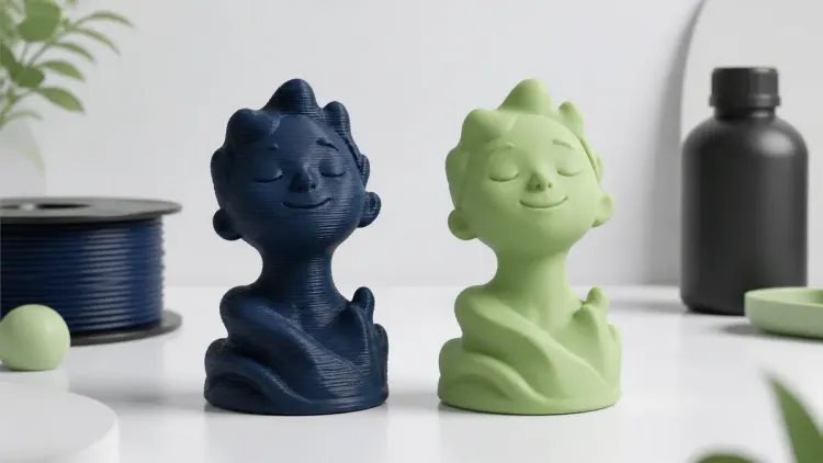 Ilustrasi AI dua bust dengan tekstur lapisan filamen navy dan permukaan resin hijau sage; bukan foto uji perbandingan.