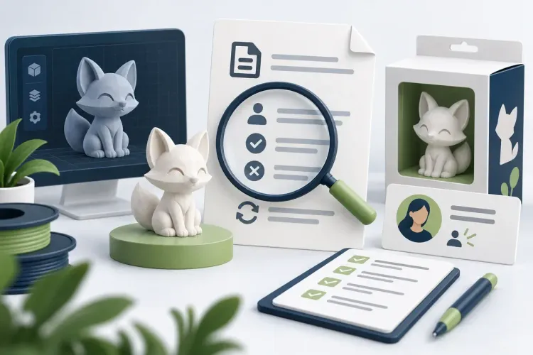 Ilustrasi AI pemeriksaan dokumen lisensi antara model digital, hasil cetak, dan kemasan produk; bukan persetujuan hukum.